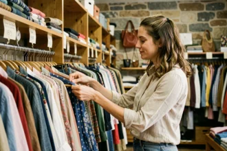 Femme qui fait du shopping dans une friperie à Strasbourg avec des vêtements de seconde main sur des portants
