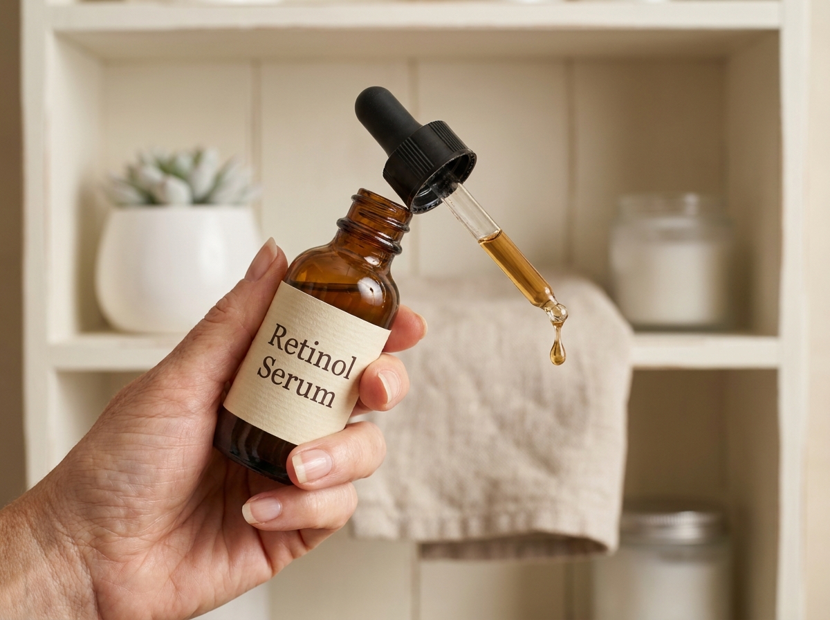 Gros plan d'une goutte de sérum rétinol tombant d'un compte-gouttes en verre ambré