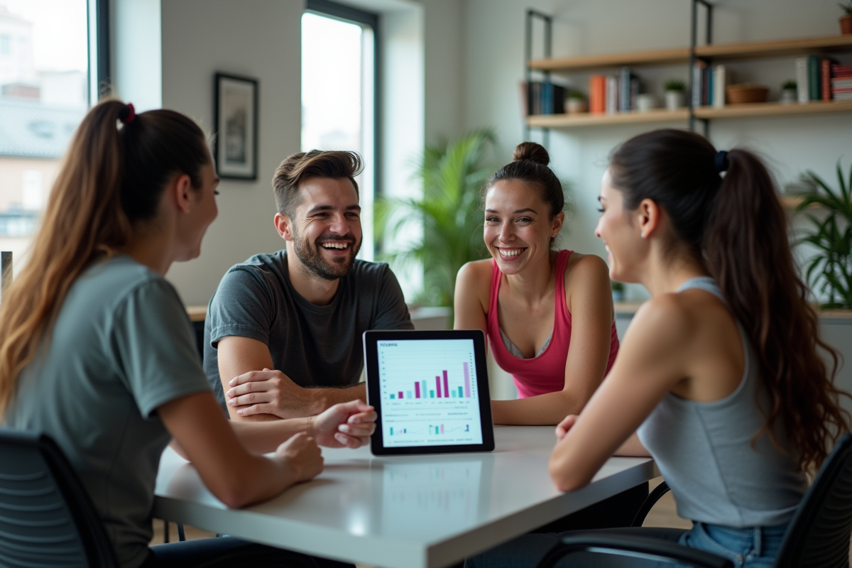 Groupe divers de modèles discutant autour d une table avec un graphique BMI