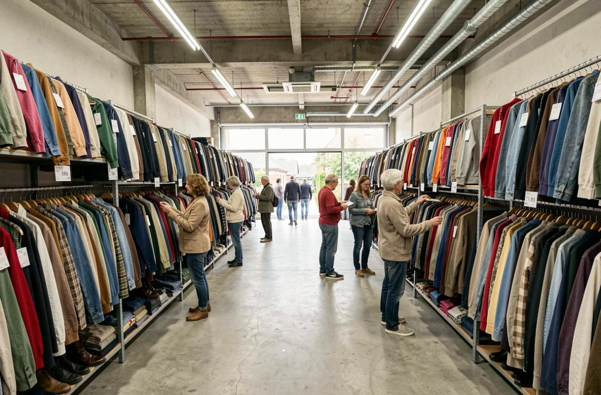 Intérieur de Guerrisol Aubervilliers avec de longs rayons de vêtements d'occasion dans un entrepôt