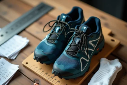 Chaussure Salomon posée sur une règle de mesure avec une chaussette blanche et un tableau des tailles