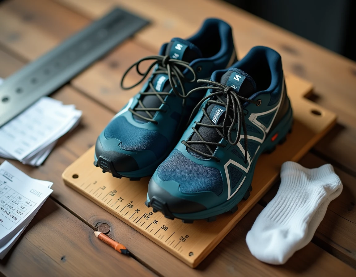 Chaussure Salomon posée sur une règle de mesure avec une chaussette blanche et un tableau des tailles