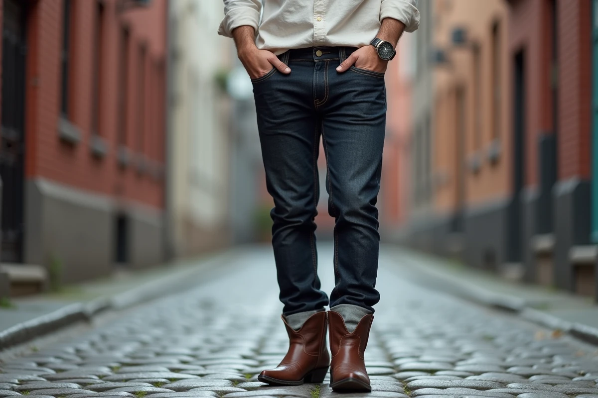 Homme portant des bottes cowboy marron avec un jean slim sombre dans une rue pavée urbaine