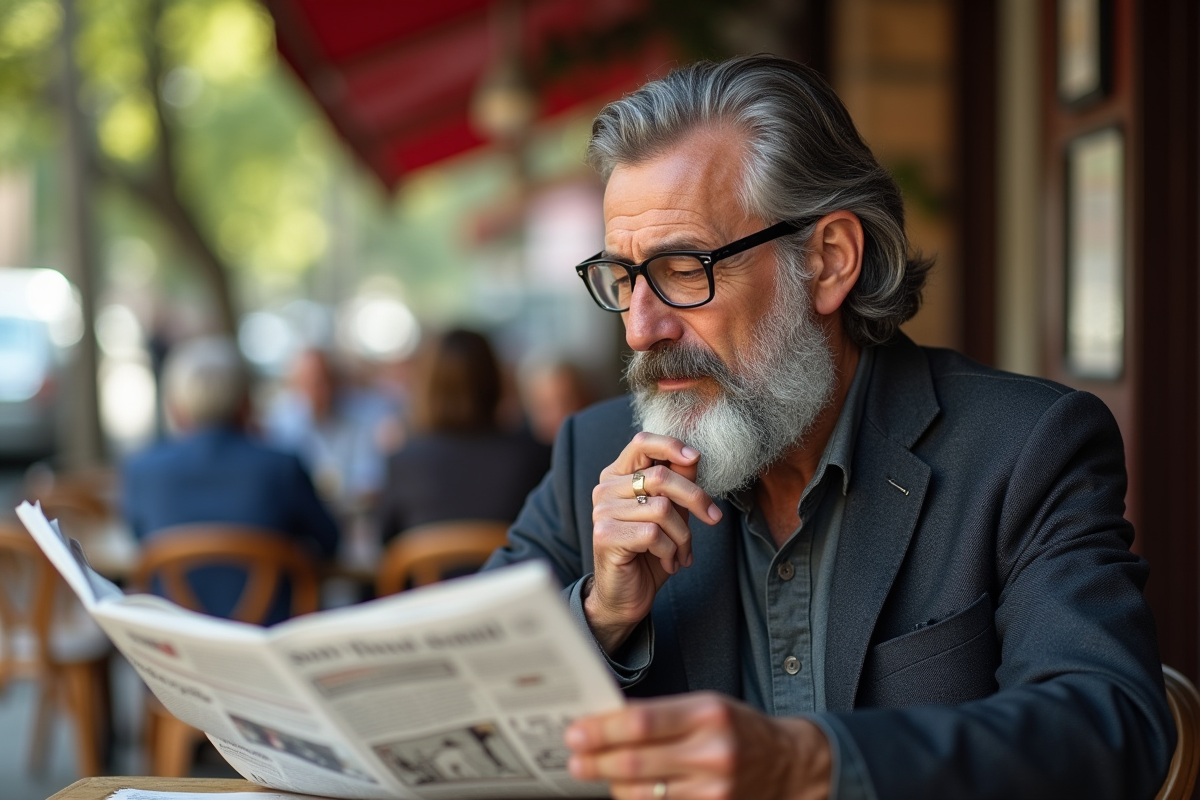 Homme mature avec barbe grise lisant un journal en terrasse