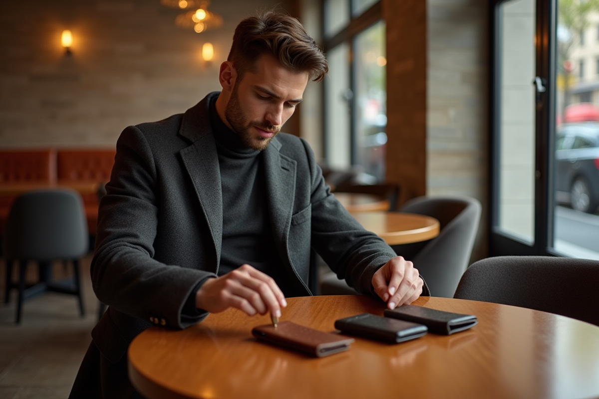 Jeune homme examinant des portefeuilles en cuir dans un café moderne