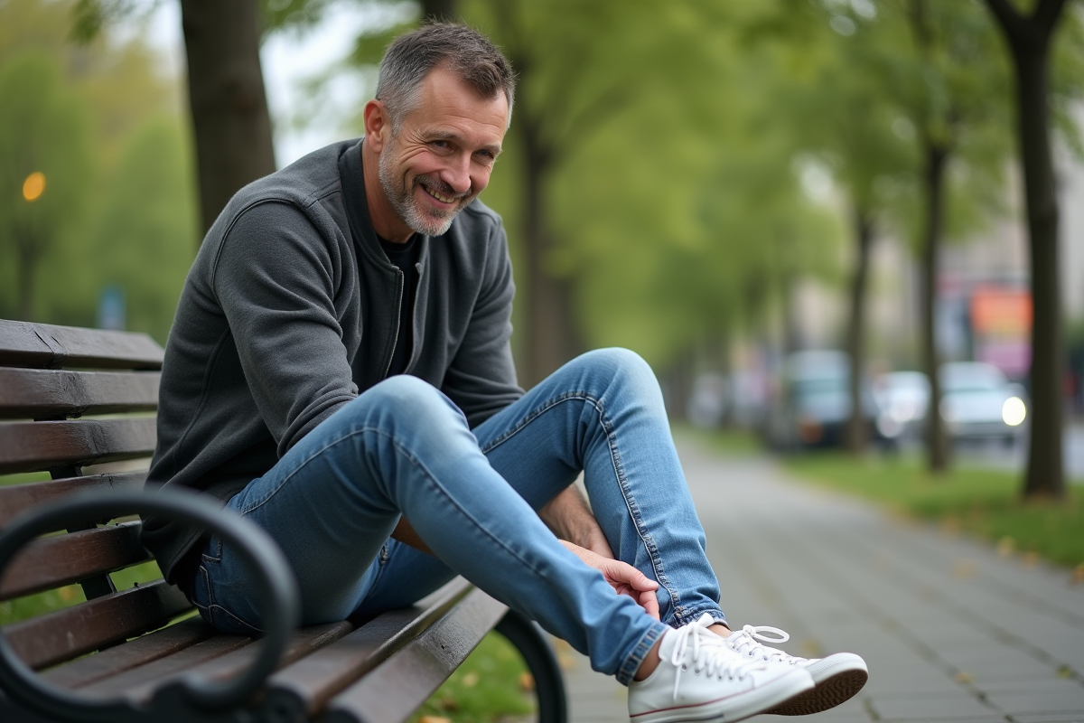 Homme assis dans un parc en train de lacer ses sneakers