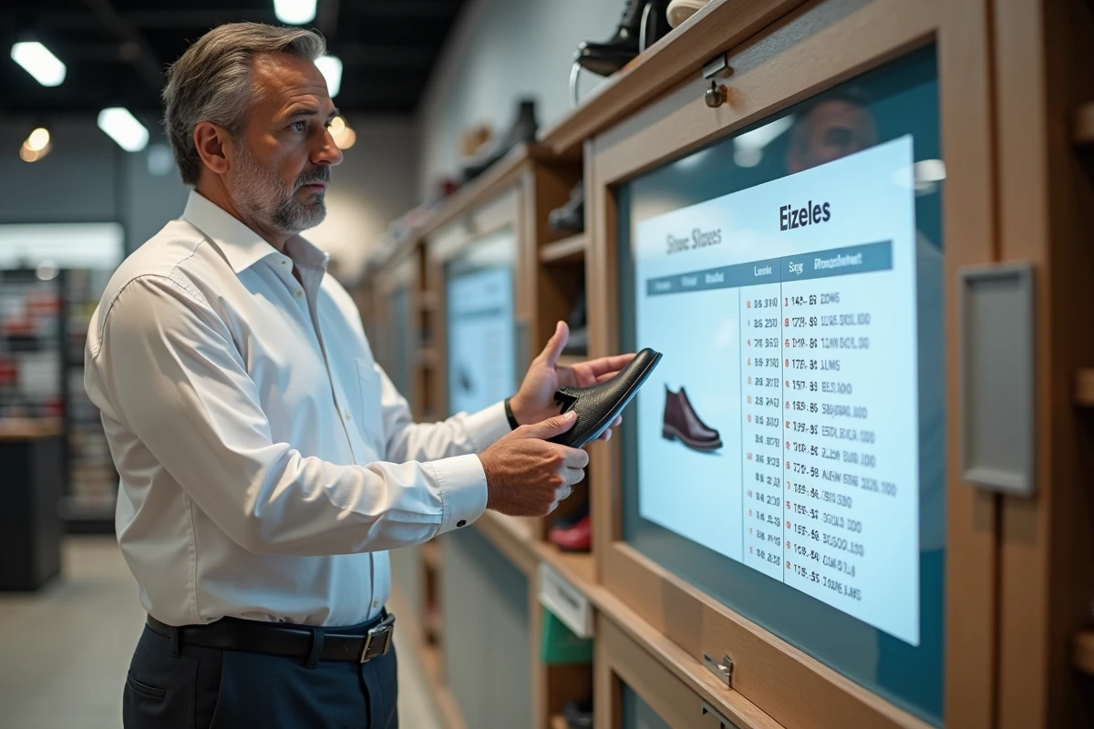 Homme examinant un tableau de conversion de chaussures en magasin