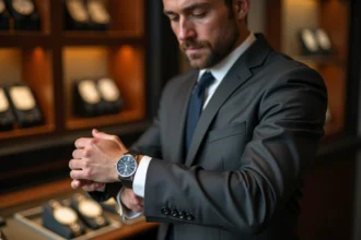 Homme en costume gris examinant une montre de luxe Rolex en acier dans une boutique horlogerie raffinée