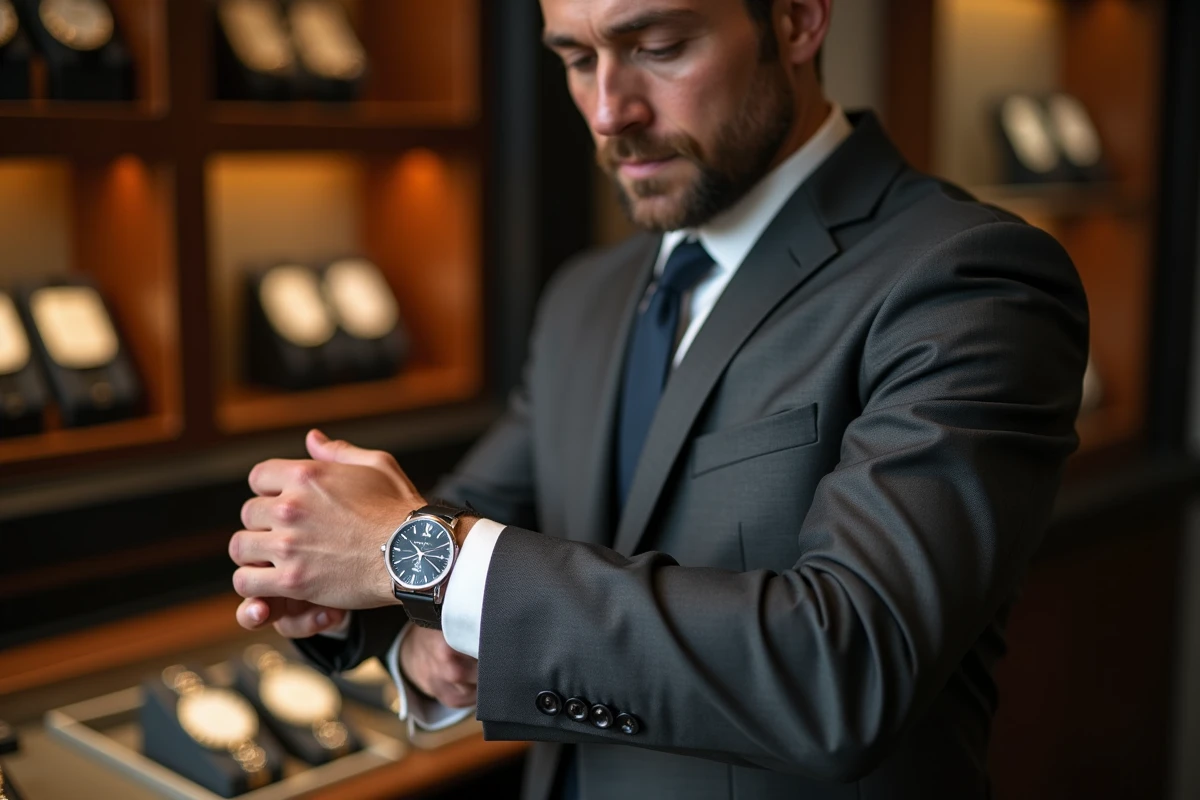 Homme en costume gris examinant une montre de luxe Rolex en acier dans une boutique horlogerie raffinée