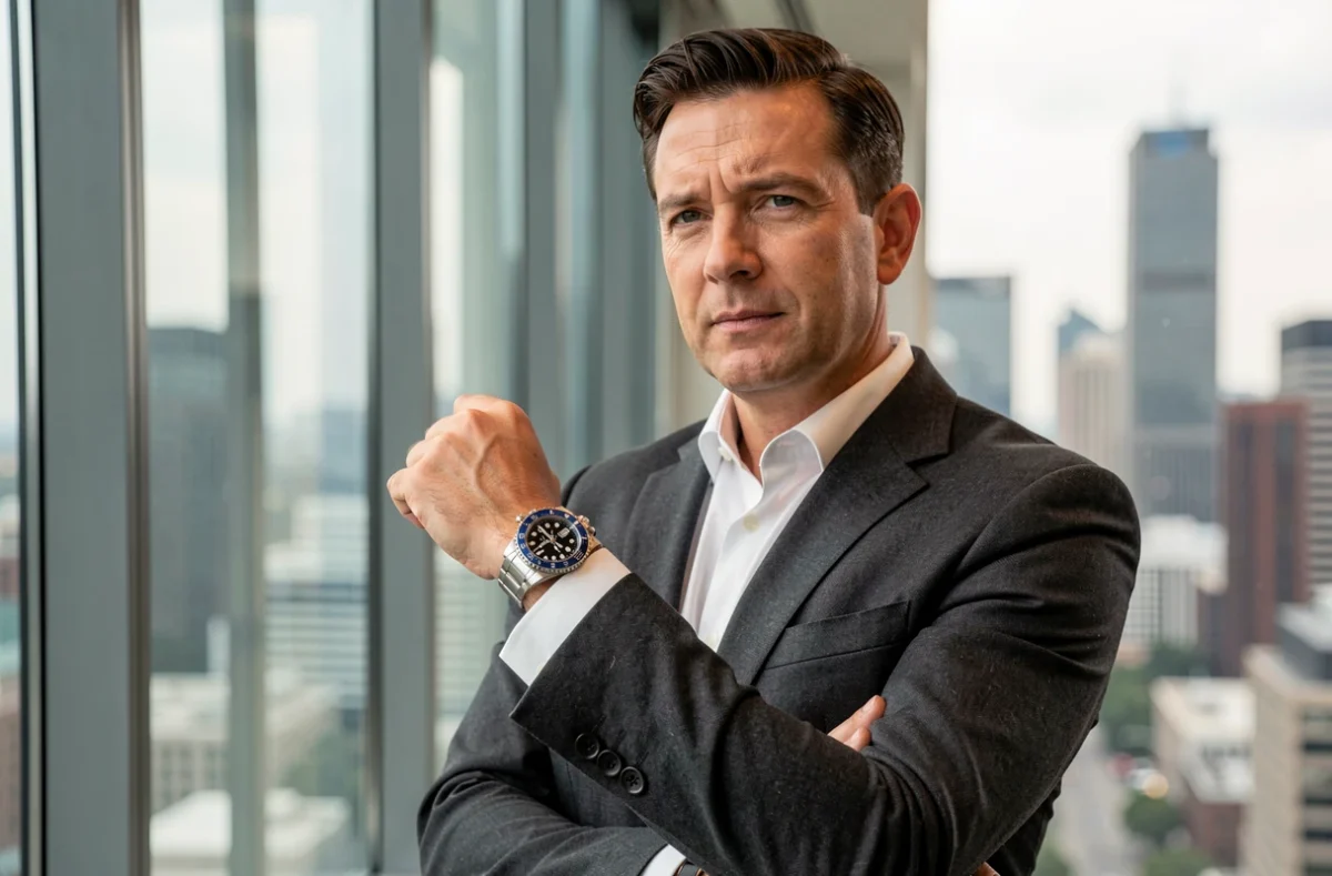 Homme en costume portant une Rolex GMT-Master II Bruce Wayne au poignet devant une fenêtre avec vue urbaine en arrière-plan