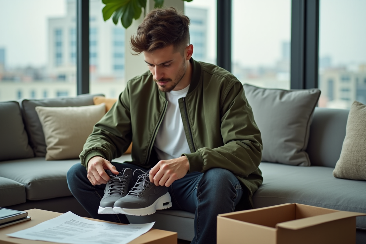 Jeune homme déballant un colis de vêtements dans le salon