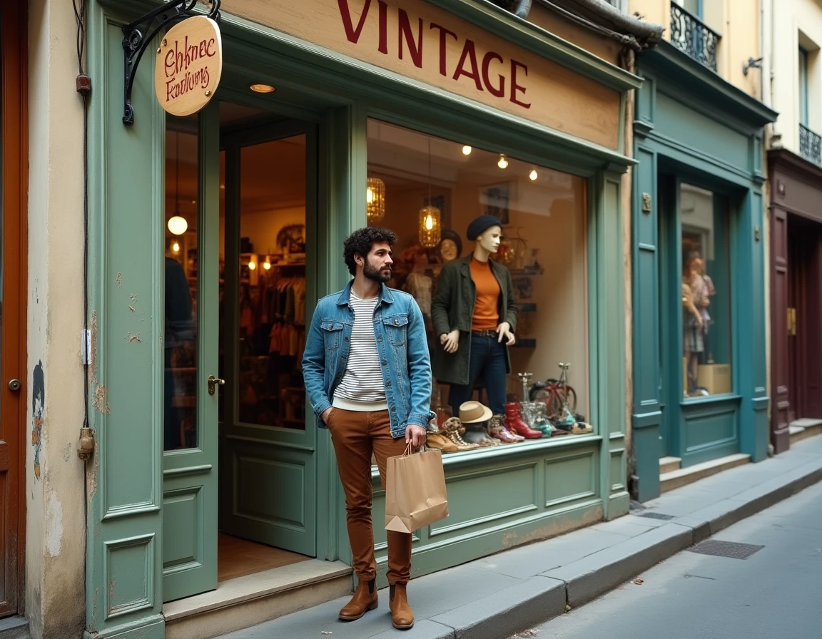 Homme devant la devanture d'une friperie vintage dans le quartier du Marais à Paris avec vitrine rétro et façade ancienne