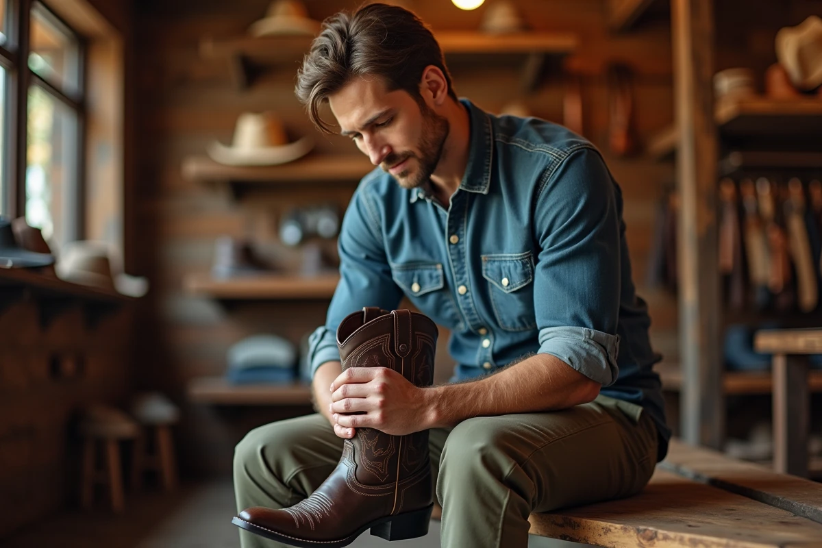 Homme essayant des bottes cowboy marron dans une boutique western avec accessoires en cuir au mur
