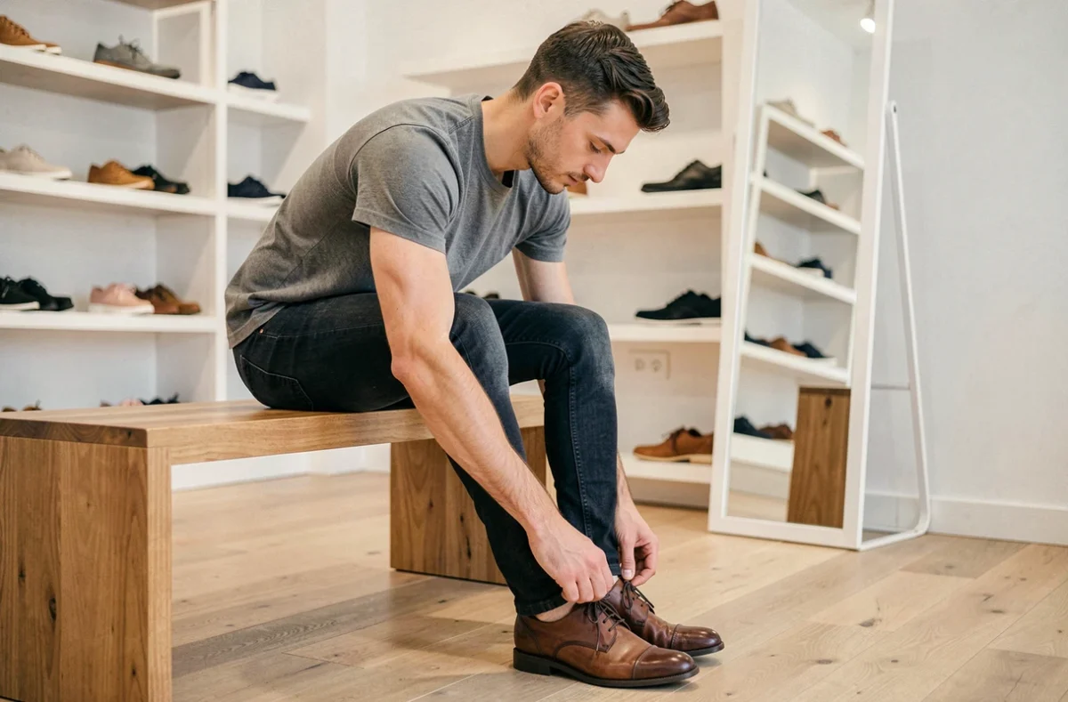 Homme essayant des chaussures Oxford dans un magasin, illustrant la recherche de la bonne taille UK en France