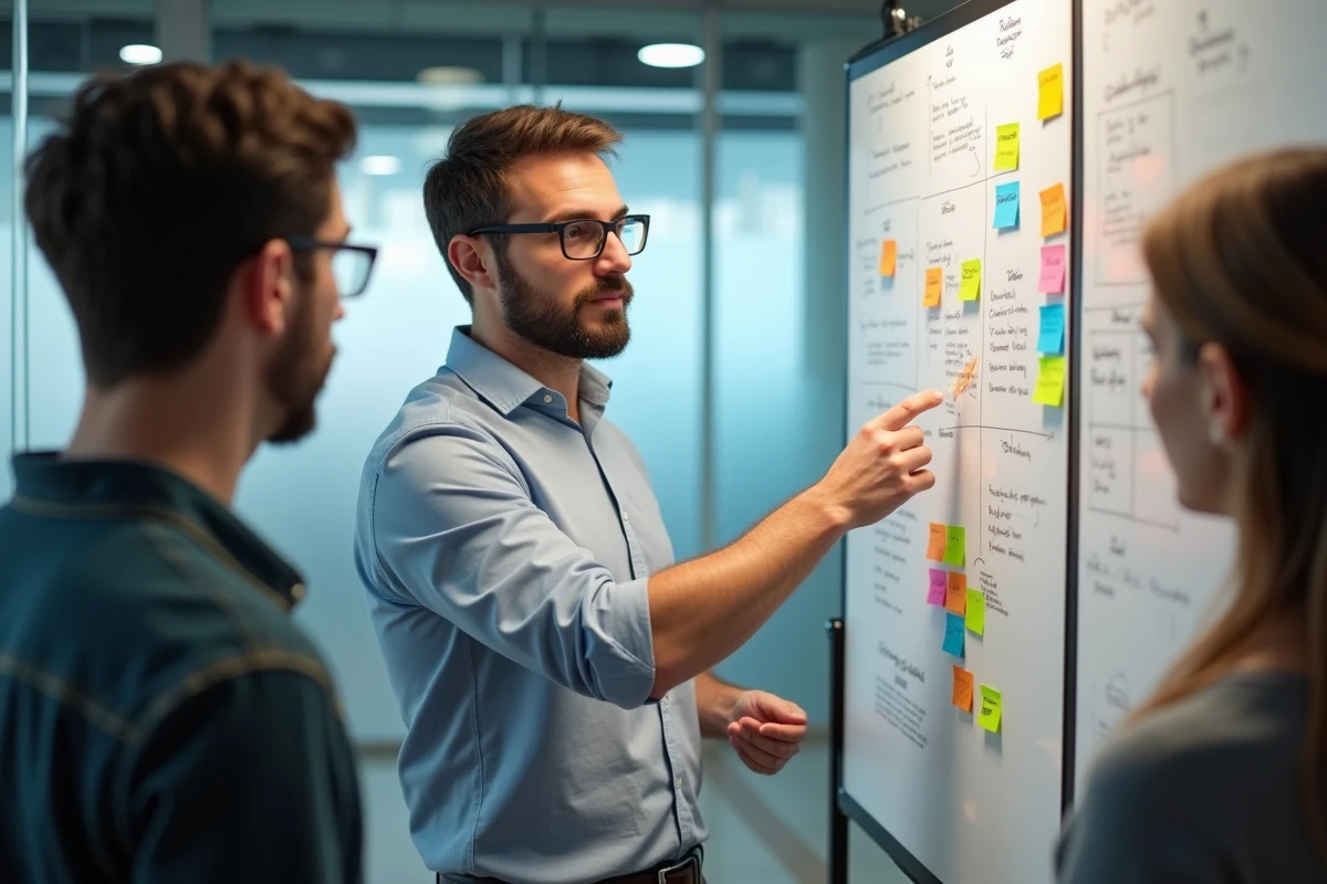 Homme expliquant des concepts devant un tableau blanc