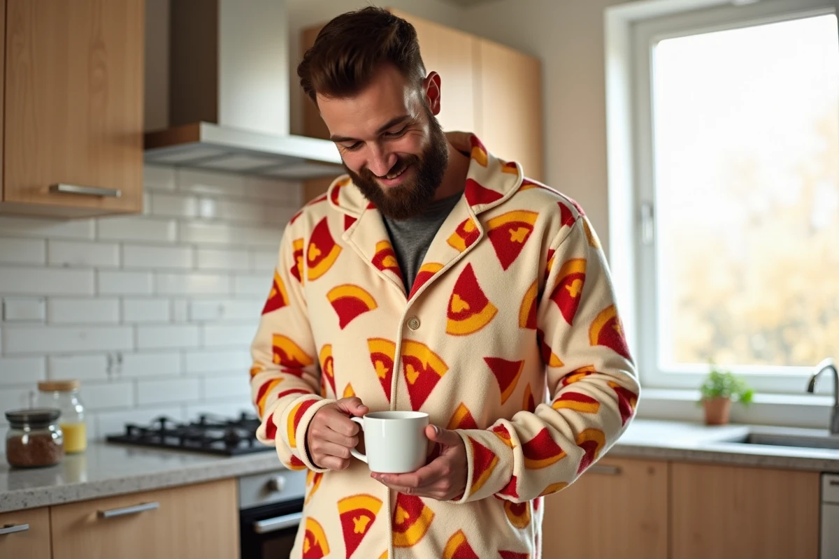 Homme barbu en grenouillère motifs pizzas tenant un café dans une cuisine moderne lumineuse