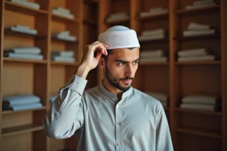 Jeune homme ajustant un kufi blanc en coton dans une mosquée, guide chapeau musulman débutant