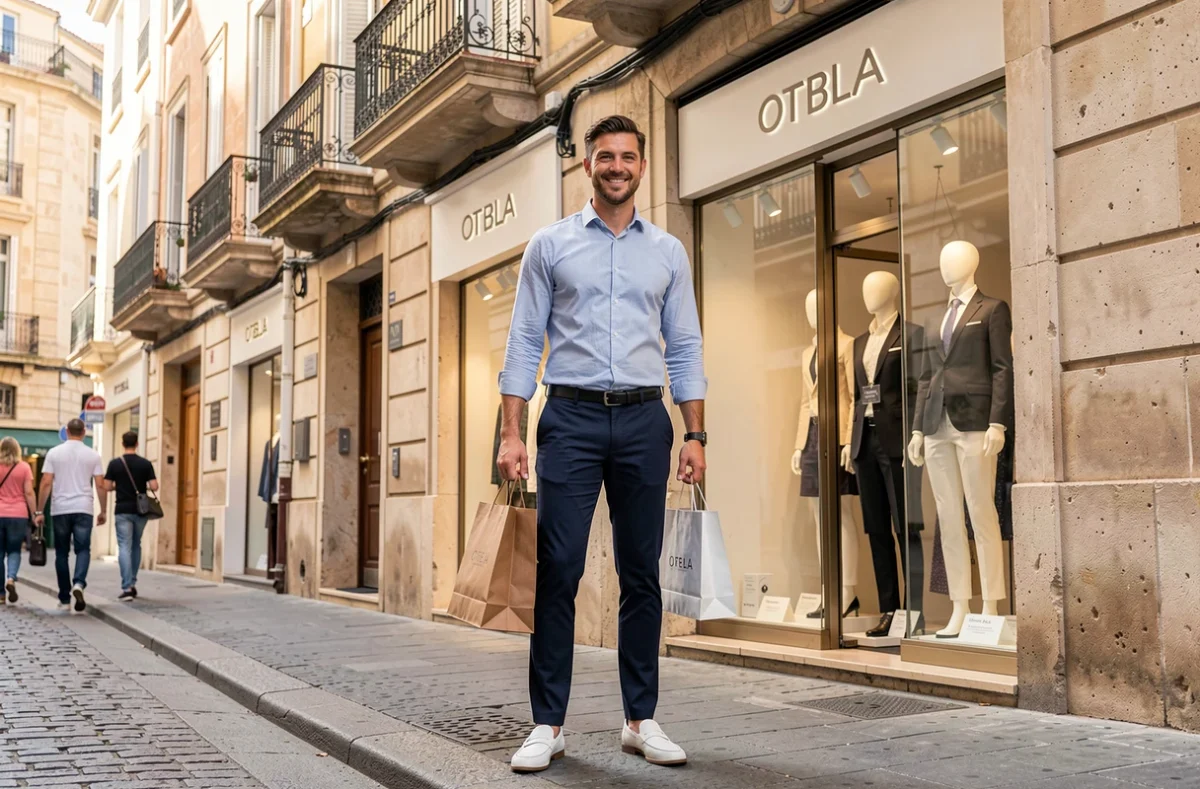 Homme en look bureau décontracté devant une boutique de vêtements dans le centre-ville de Marseille