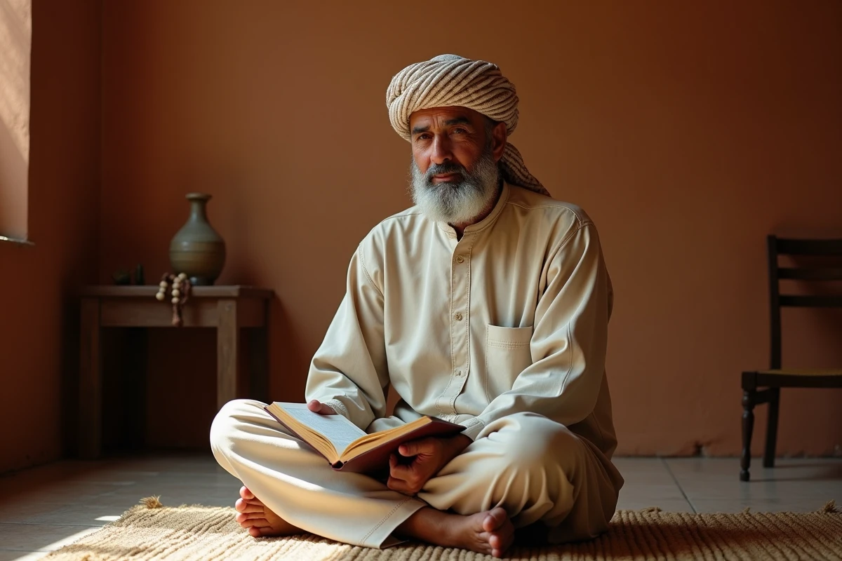 Homme adulte portant un pakol traditionnel en laine lors d'une session de lecture à domicile, chapeaux musulmans pratique