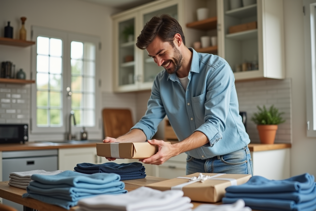 Homme souriant préparant un colis de vêtements dans une cuisine moderne
