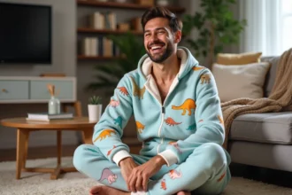 Homme en pyjama grenouillère à motifs dinosaures assis sur un canapé scandinave dans un intérieur cosy et chaleureux