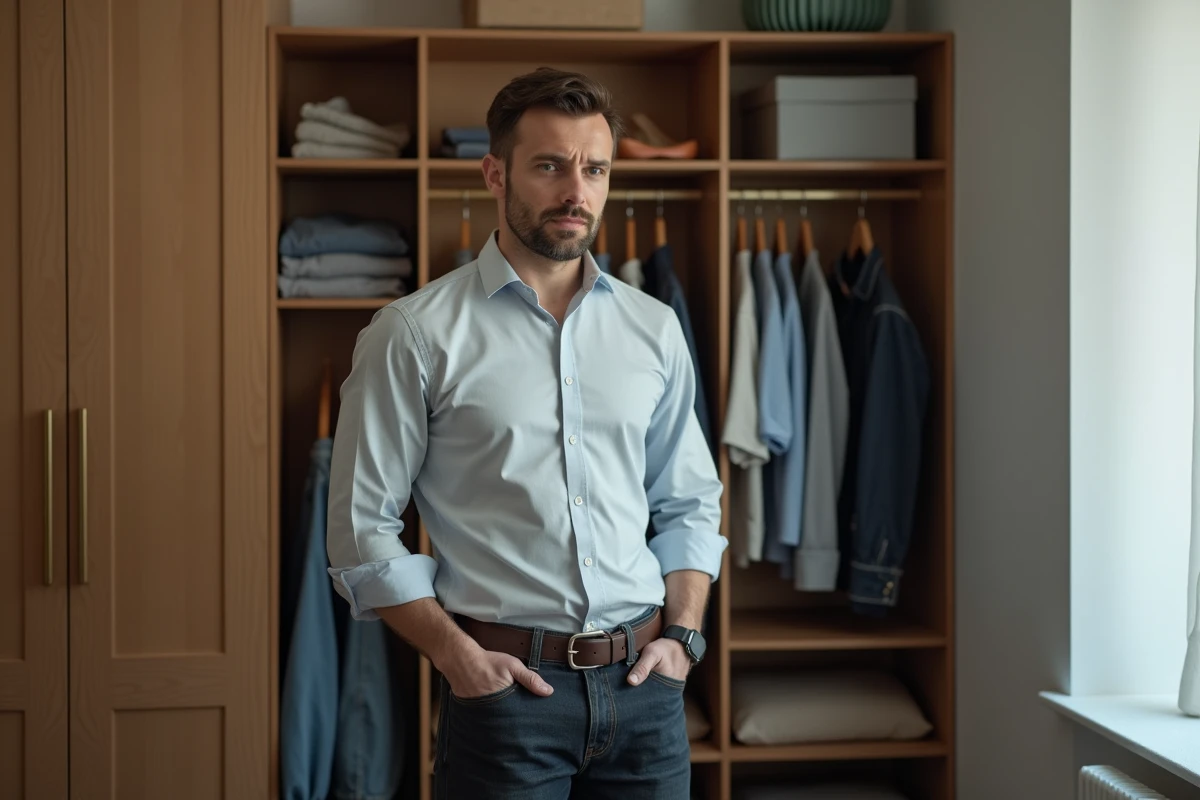 Homme en tenue décontractée examinant ses vêtements dans son appartement