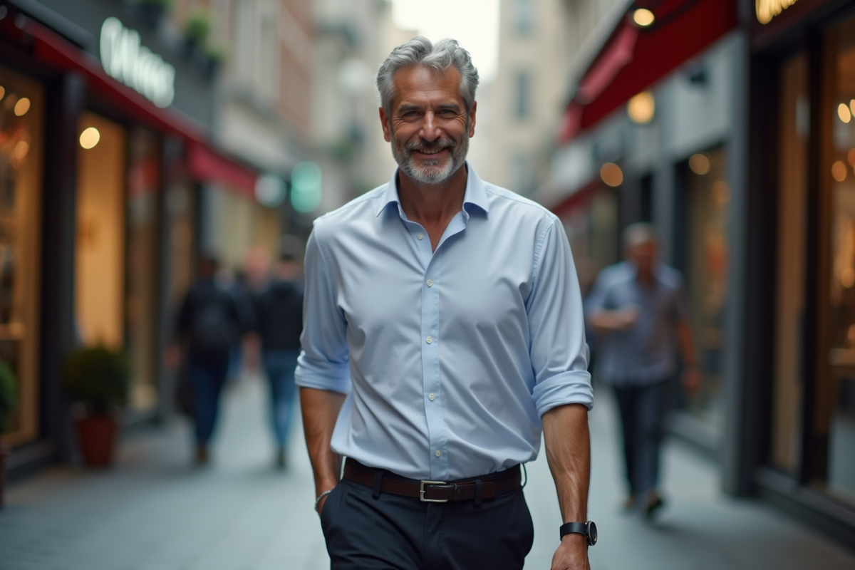 Homme élégant marchant dans rue urbaine animée