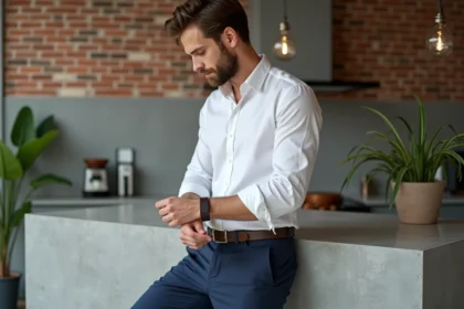 Homme en chemise blanche et chinos regardant son bracelet en cuir