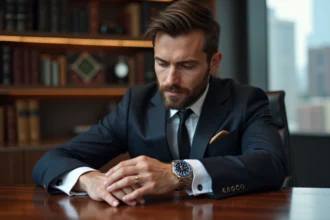 Homme en costume avec montre de luxe dans un bureau élégant