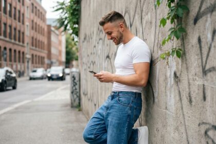 Homme en denim et t-shirt blanc dans la ville