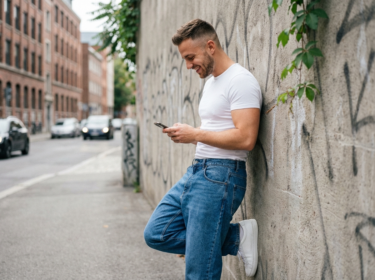Homme en denim et t-shirt blanc dans la ville