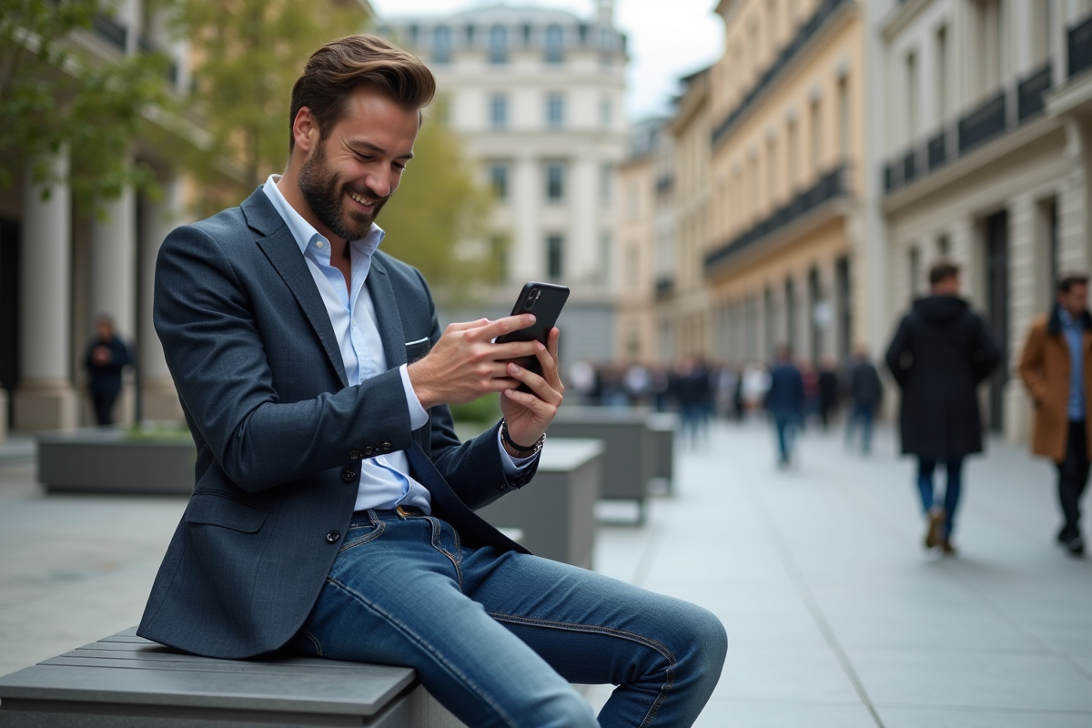 Homme en jeans luxe dans une place urbaine sophistiquée