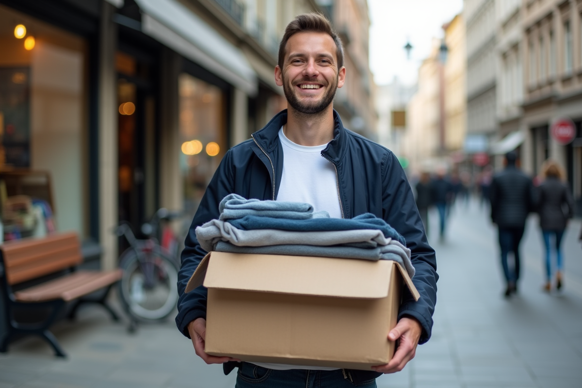 Homme avec carton de vêtements dans une rue urbaine