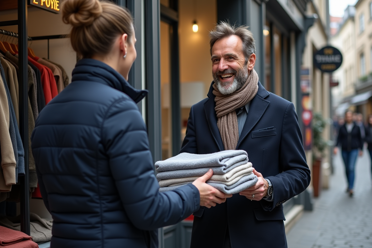 Homme remet des vêtements à une vendeuse dans une boutique vintage