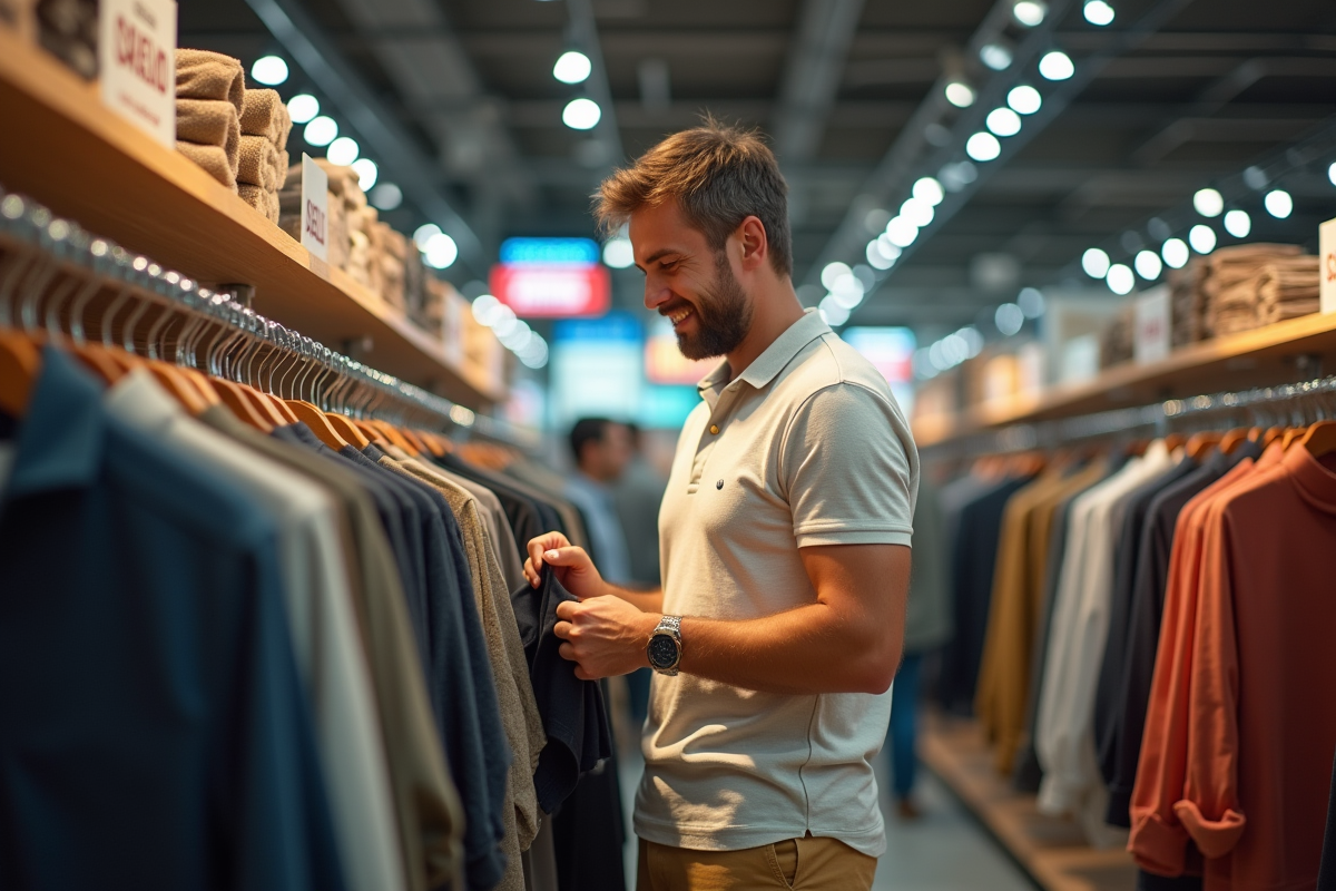 Homme regardant étiquettes dans magasin de vêtements
