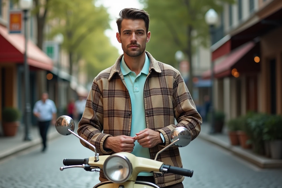 Homme en polo et Harrington devant un scooter vintage