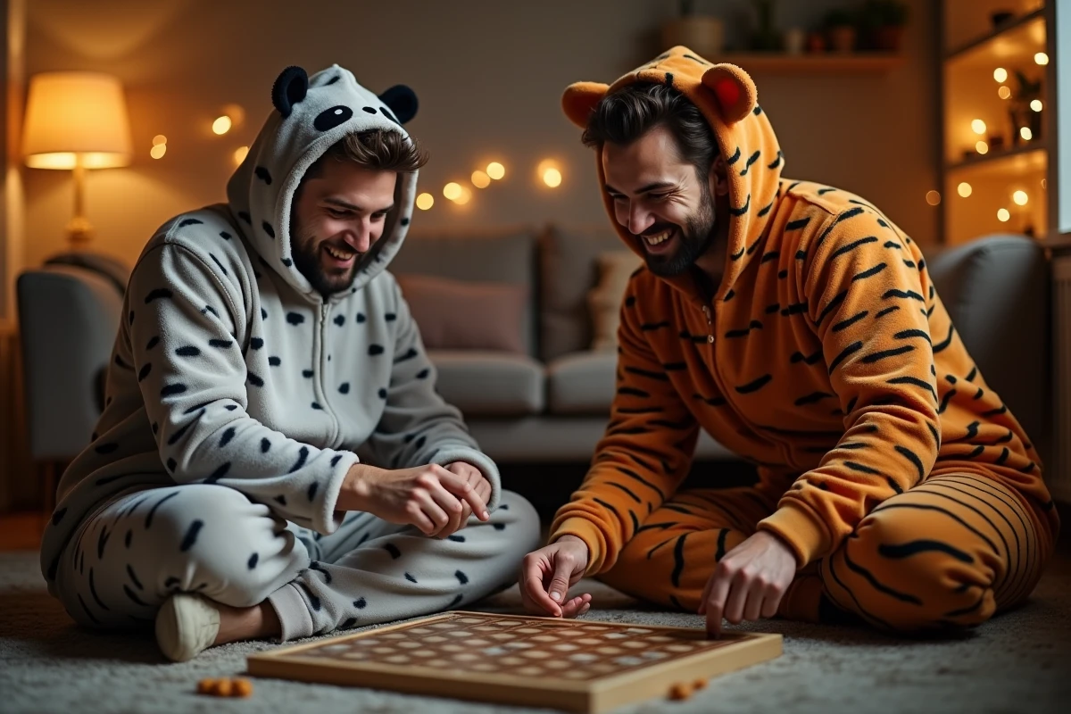 Deux hommes en pyjamas grenouillères panda et tigre jouant à un jeu de société sur le sol d'un salon convivial