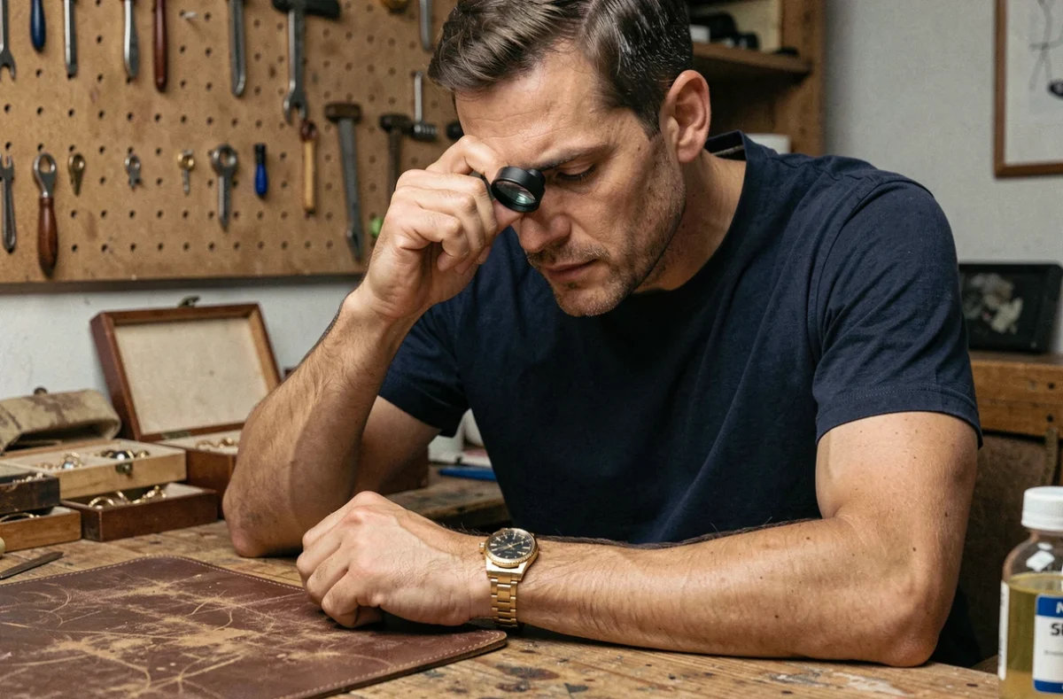 Homme inspectant un bracelet de montre plaqué or à la loupe dans un atelier de bijouterie artisanale