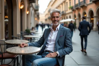 Homme élégant en jeans premium dans une place italienne