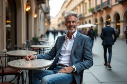 Homme élégant en jeans premium dans une place italienne