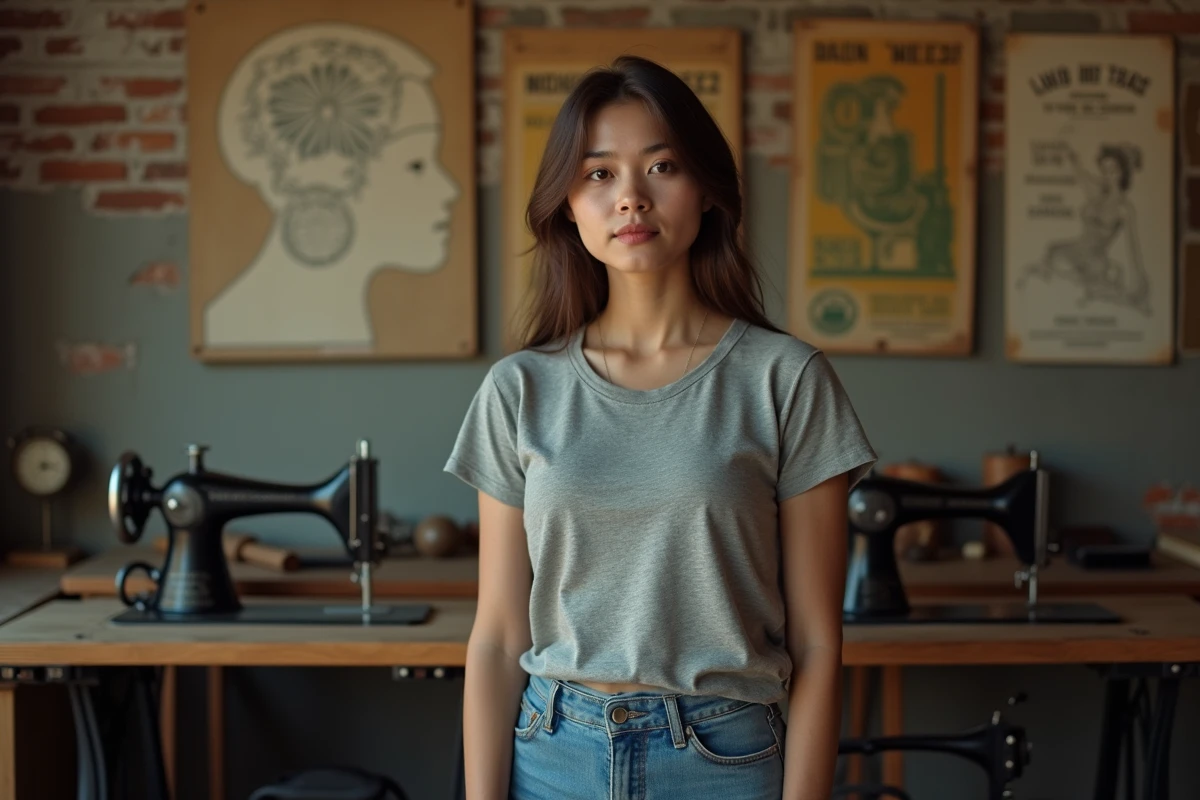 Jeune femme en jeans vintage devant un mur de briques