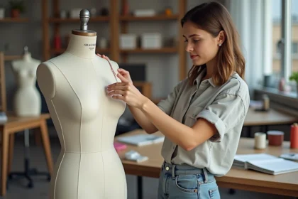 Jeune femme designer en atelier en train de pincer du tissu
