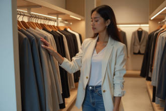 Jeune femme dans une boutique de mode minimaliste