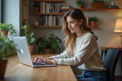 Jeune femme au bureau à domicile regardant son ordinateur