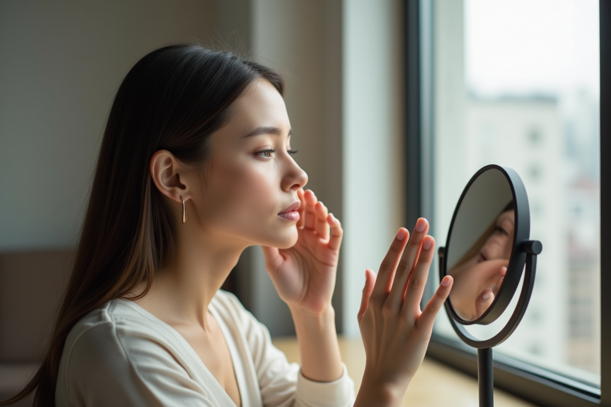 Jeune femme regardant son reflet dans un miroir naturel