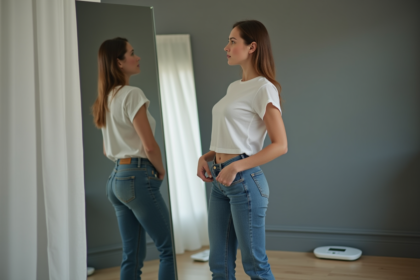 Jeune femme regardant son reflet dans un miroir en style décontracté