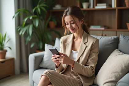 Jeune femme en blazer beige et jupe plisee sur un sofa