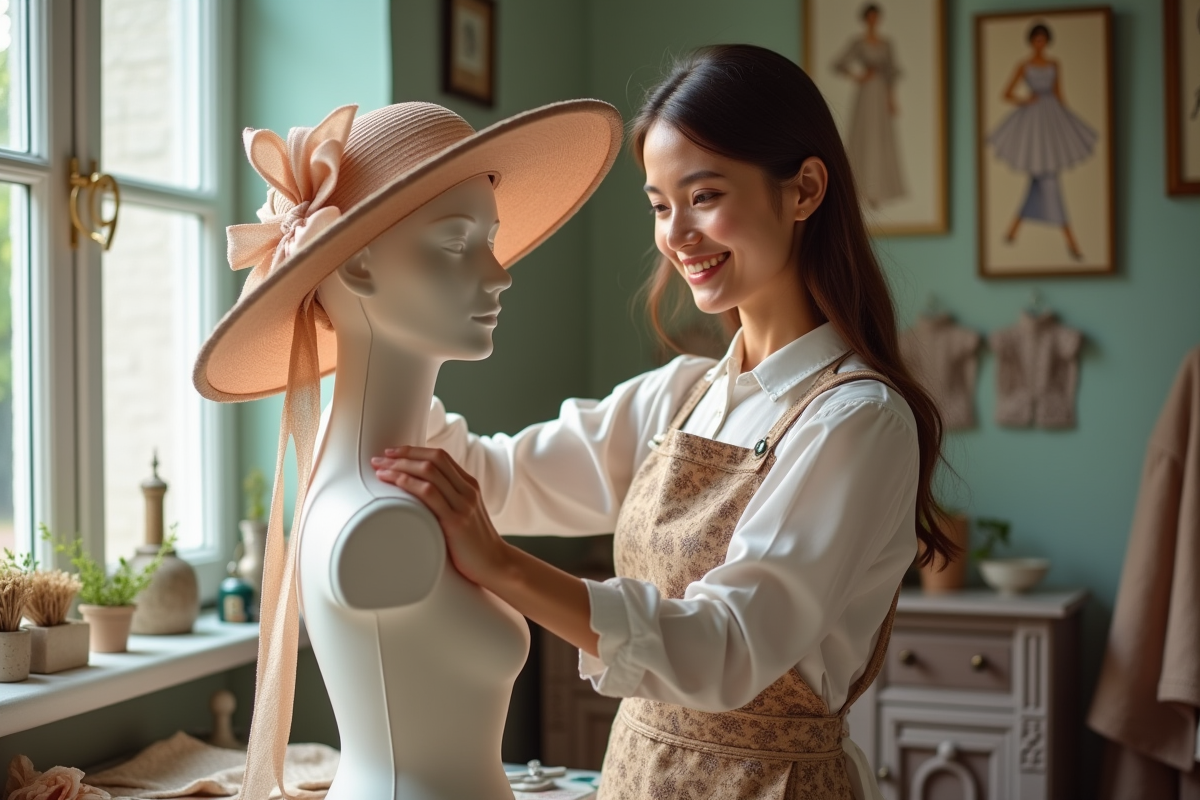 Femme modiste pinçant un ruban sur un chapeau élégant