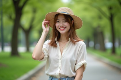 Jeune femme en linen et chapeau dans un parc urbain