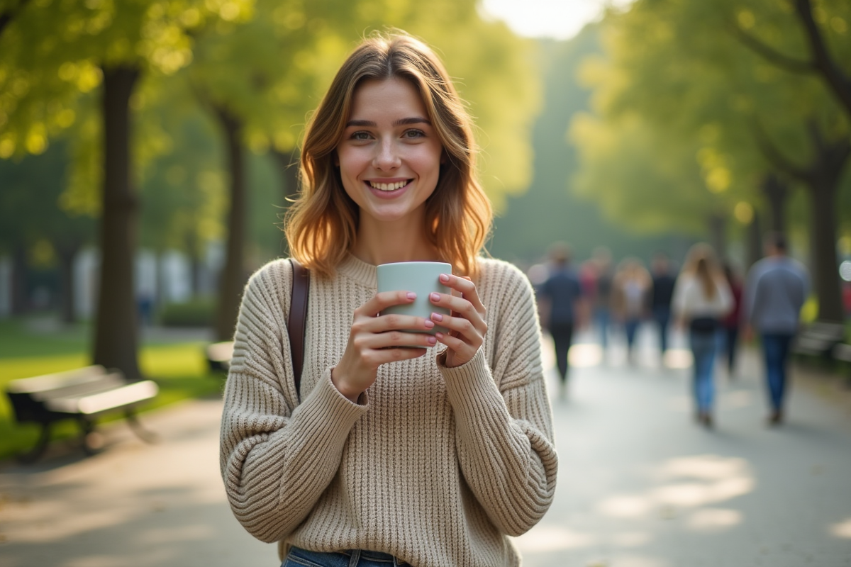 Jeune femme souriante avec ongle long dans un parc